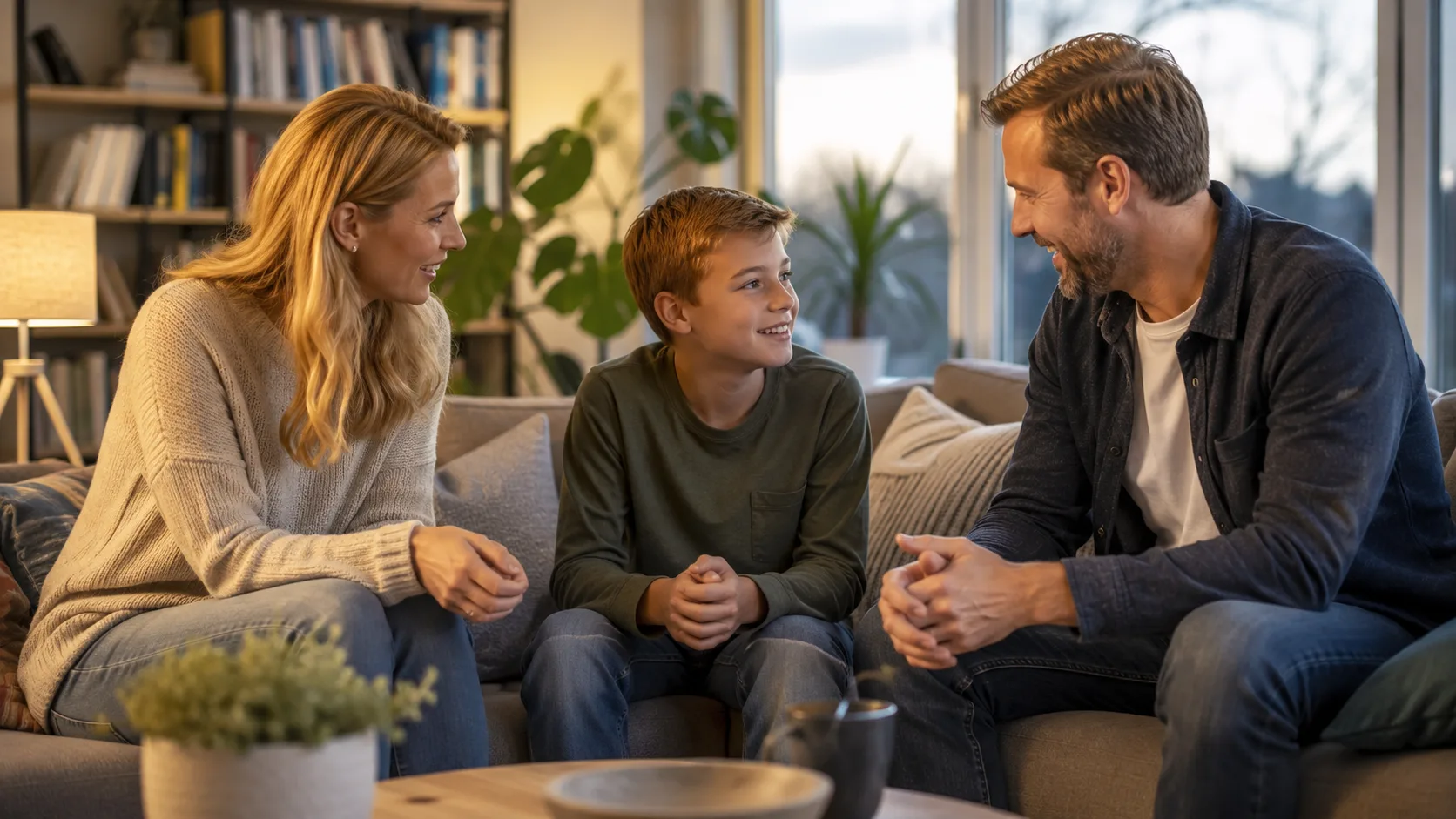 Foreldre og barn som snakker sammen i stuen om skolegang, lekser og fritid