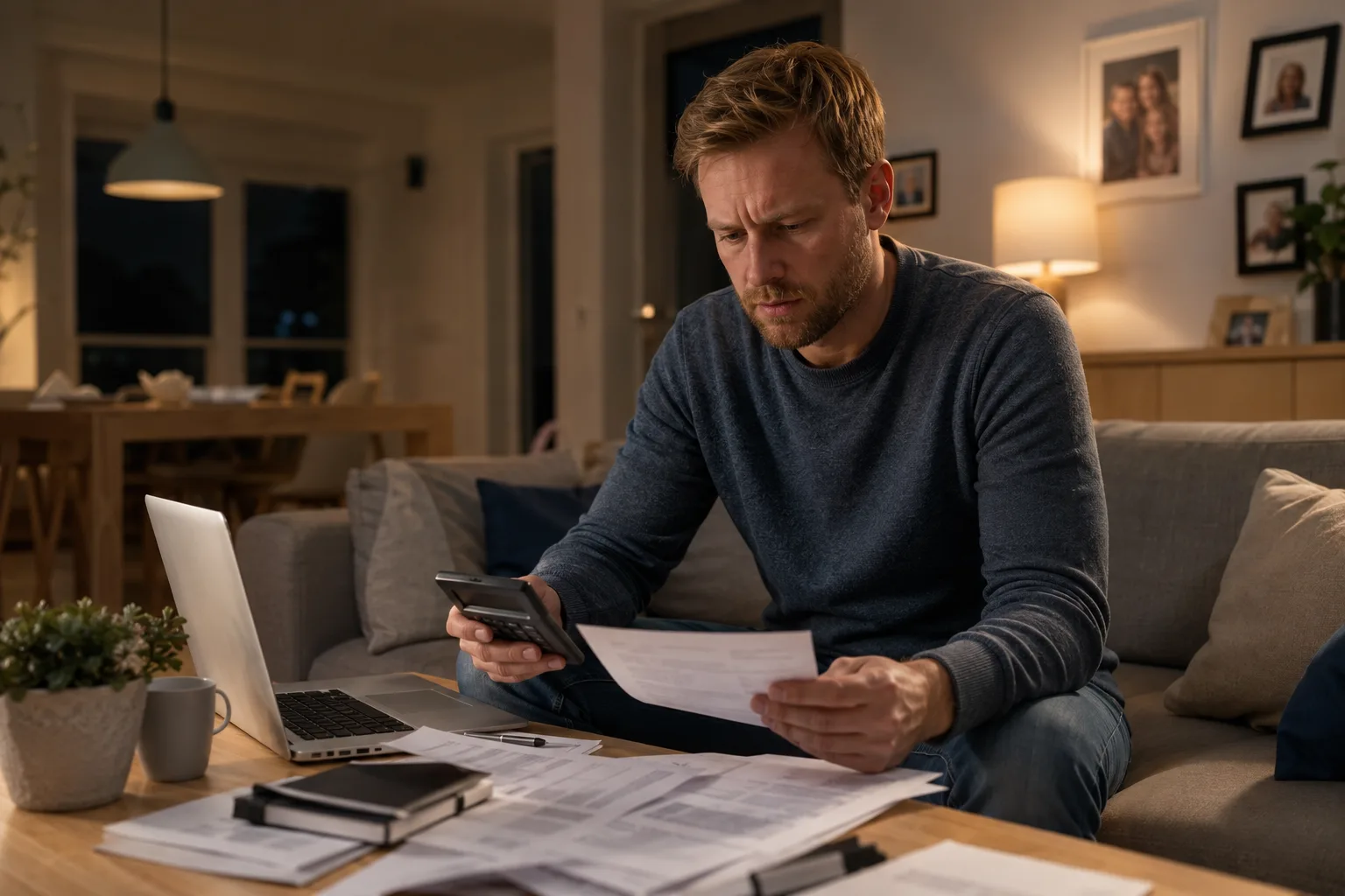 Bekymret far sitter i sofaen med økonomiske papirer etter at barna har lagt seg