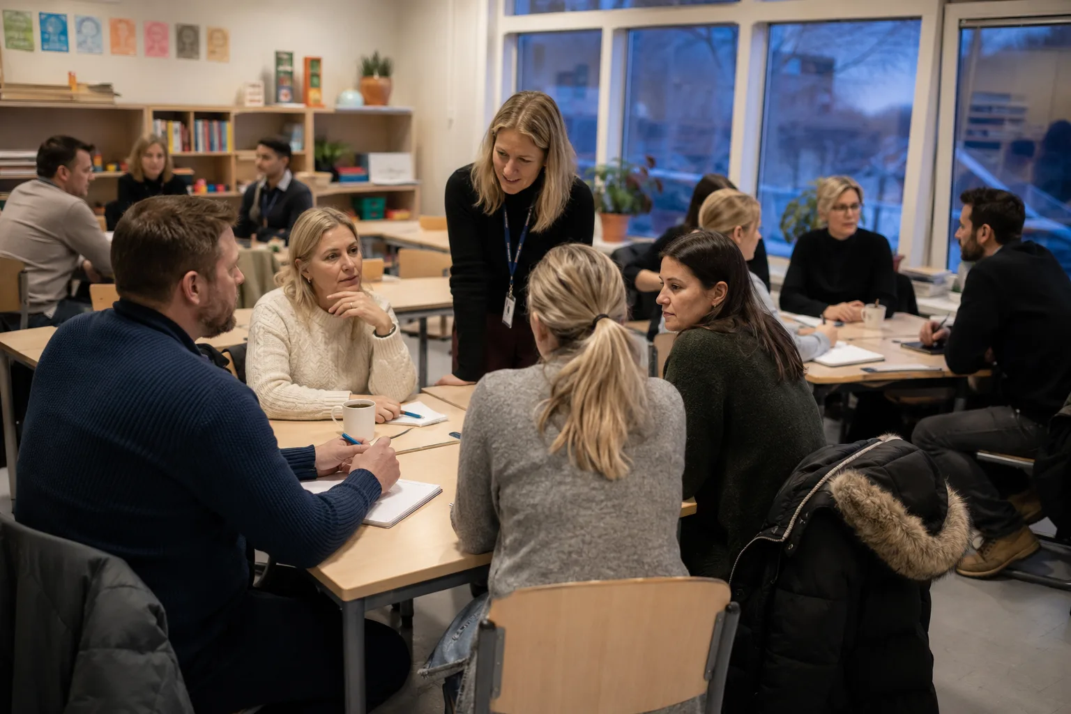 Foreldre som diskuterer i grupper under et foreldremøte på skolen