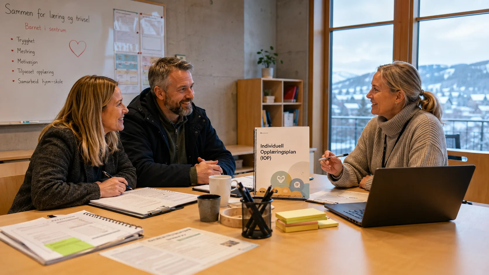 Foreldre som gjennomgår en individuell opplæringsplan sammen med en lærer i Norge