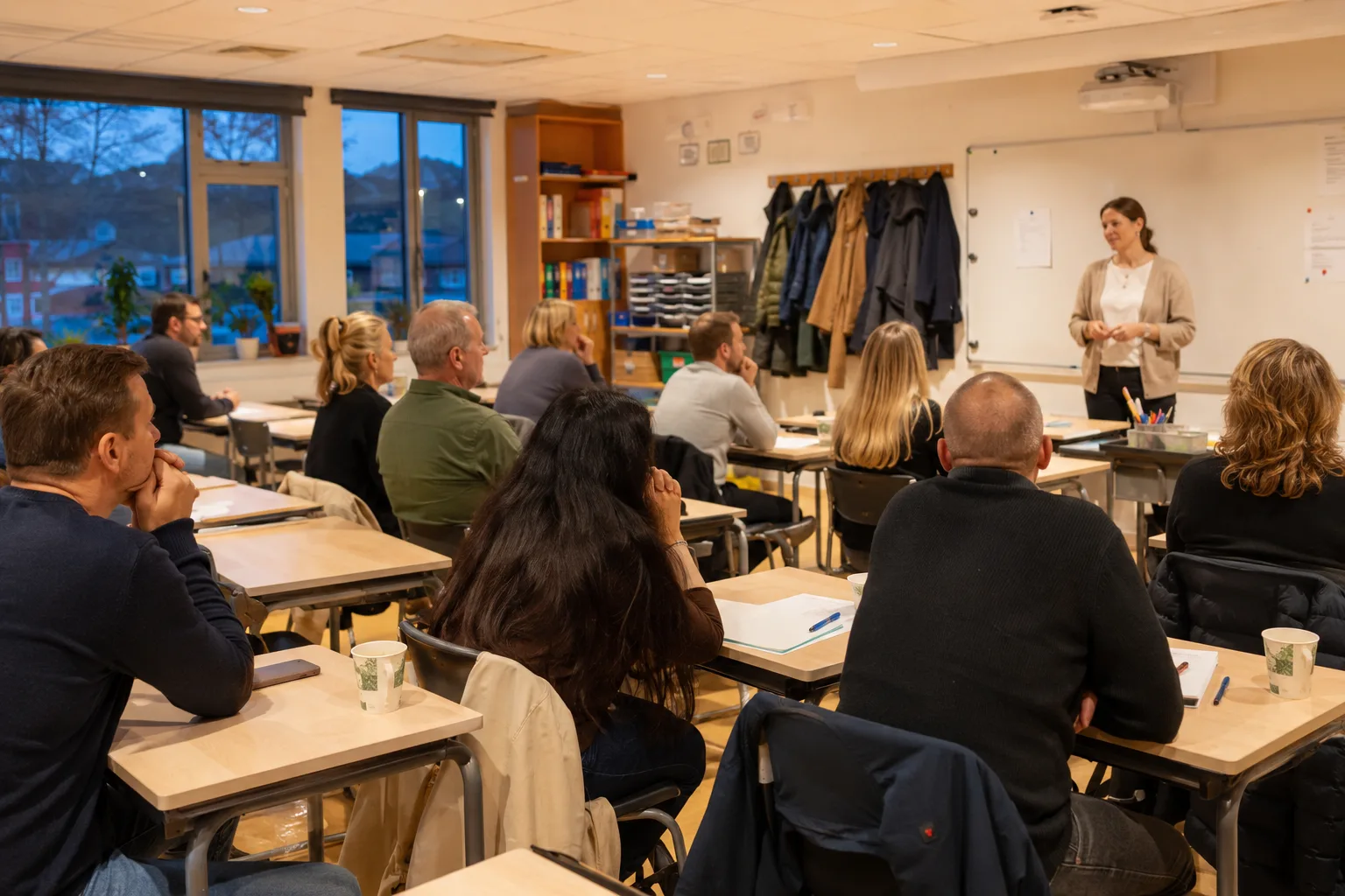 Foreldre som sitter i klasserommet under et foreldremøte på skolen