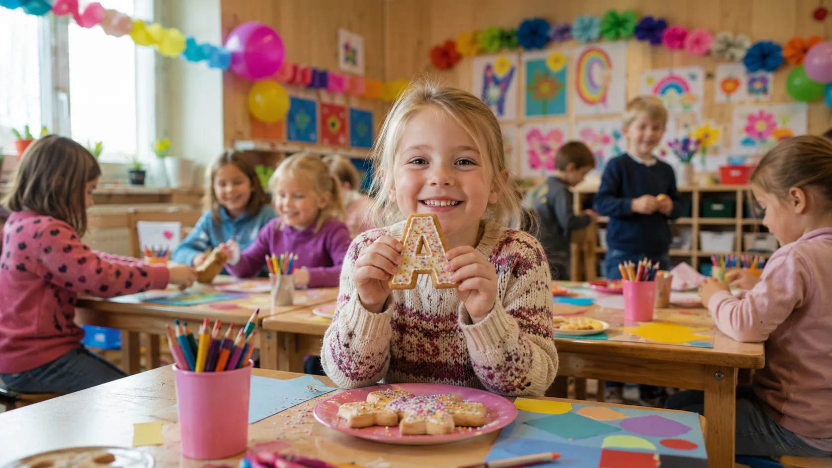 Glad elev som feirer bokstavfest i første klasse med bokstavkjeks