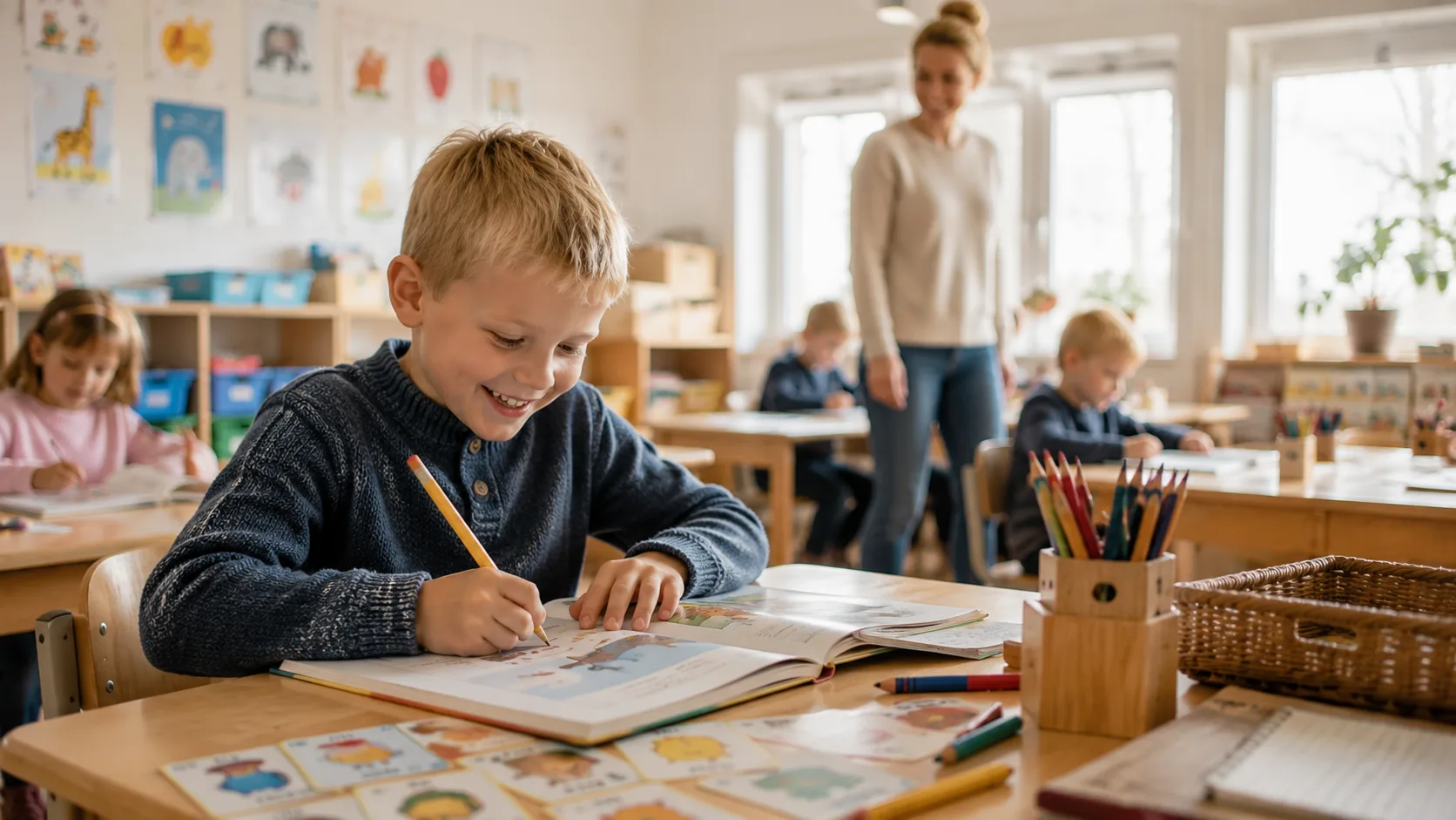Glad førsteklassing i Norge som øver på lesing med stor blyant