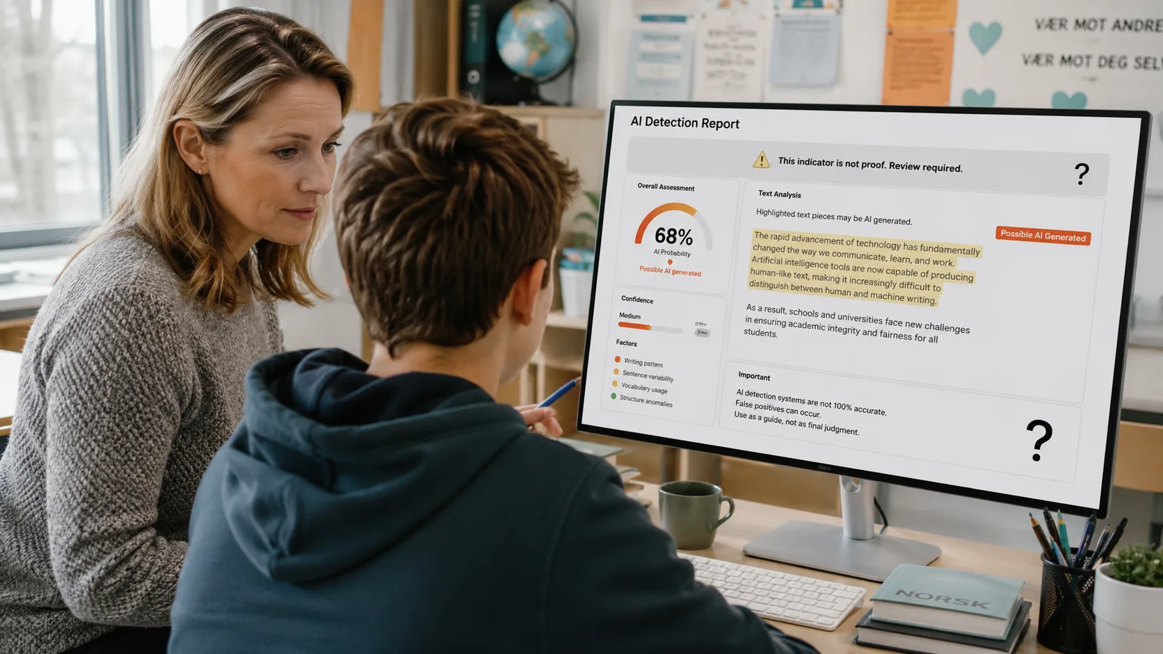 Grafikk som illustrerer utfordringen med falske positiver i plagiatkontroll i Norge