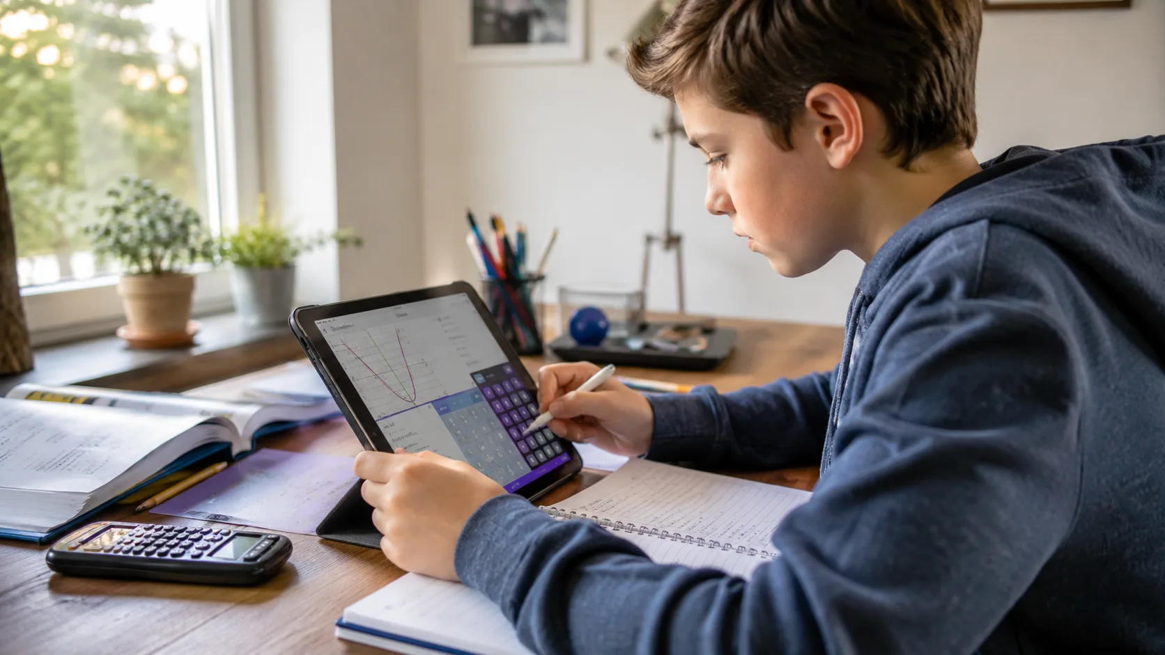 Gutt som bruker matteregner på nettbrett for matematikklekser etter skolen