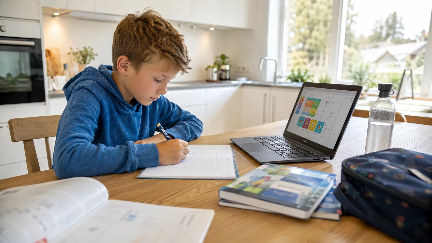 Gutt som gjør lekser på Chromebook ved et kjøkkenbord i Norge