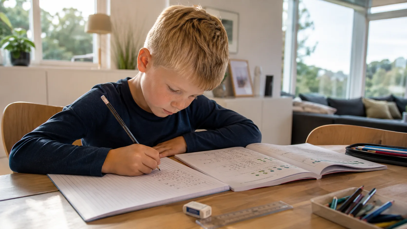Gutt som regner på Multi 2. trinn matteoppgaver med blyant og ruteark