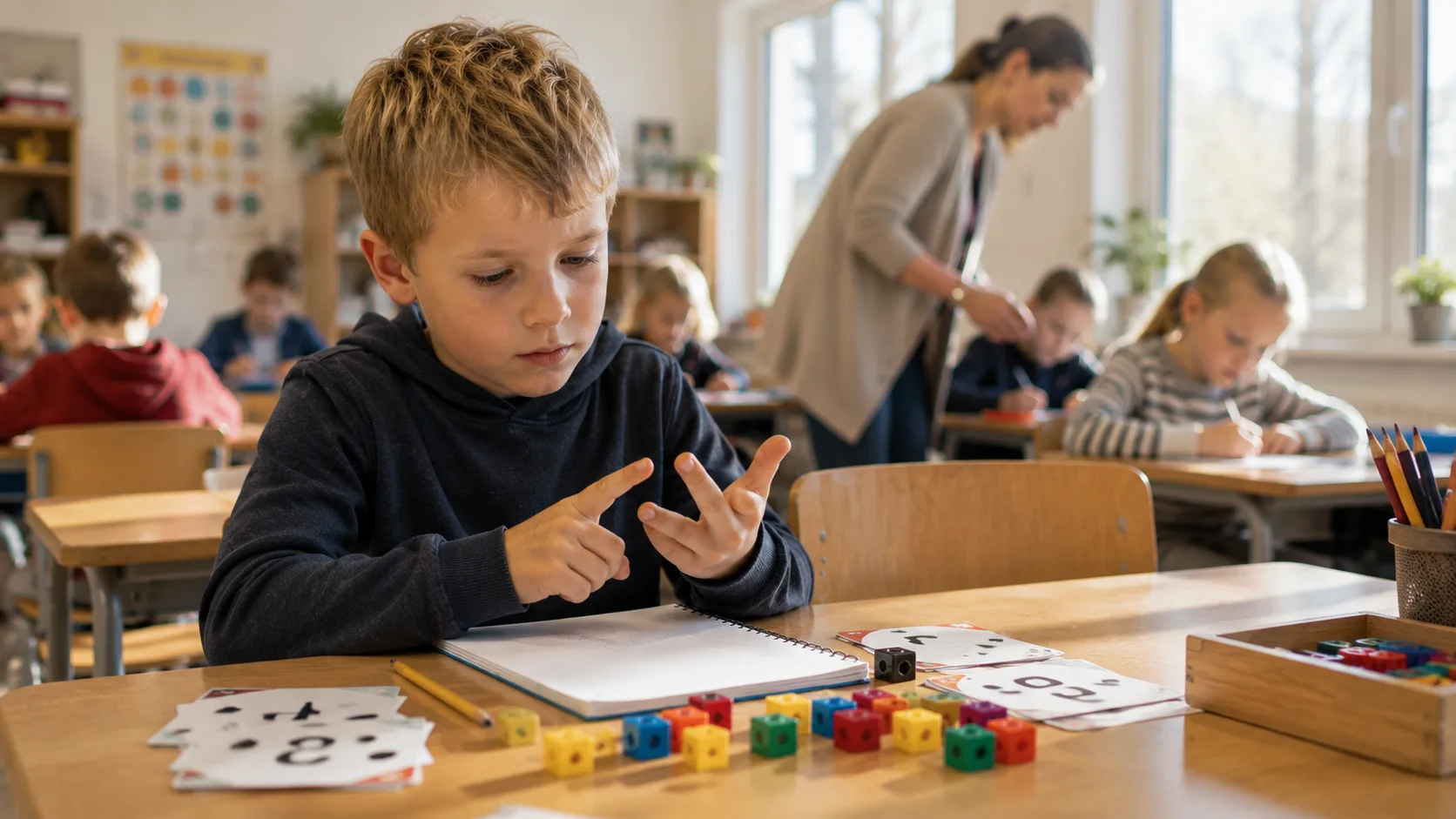 Gutt som teller på fingrene og viser tidlige tegn på mattevansker på barneskolen