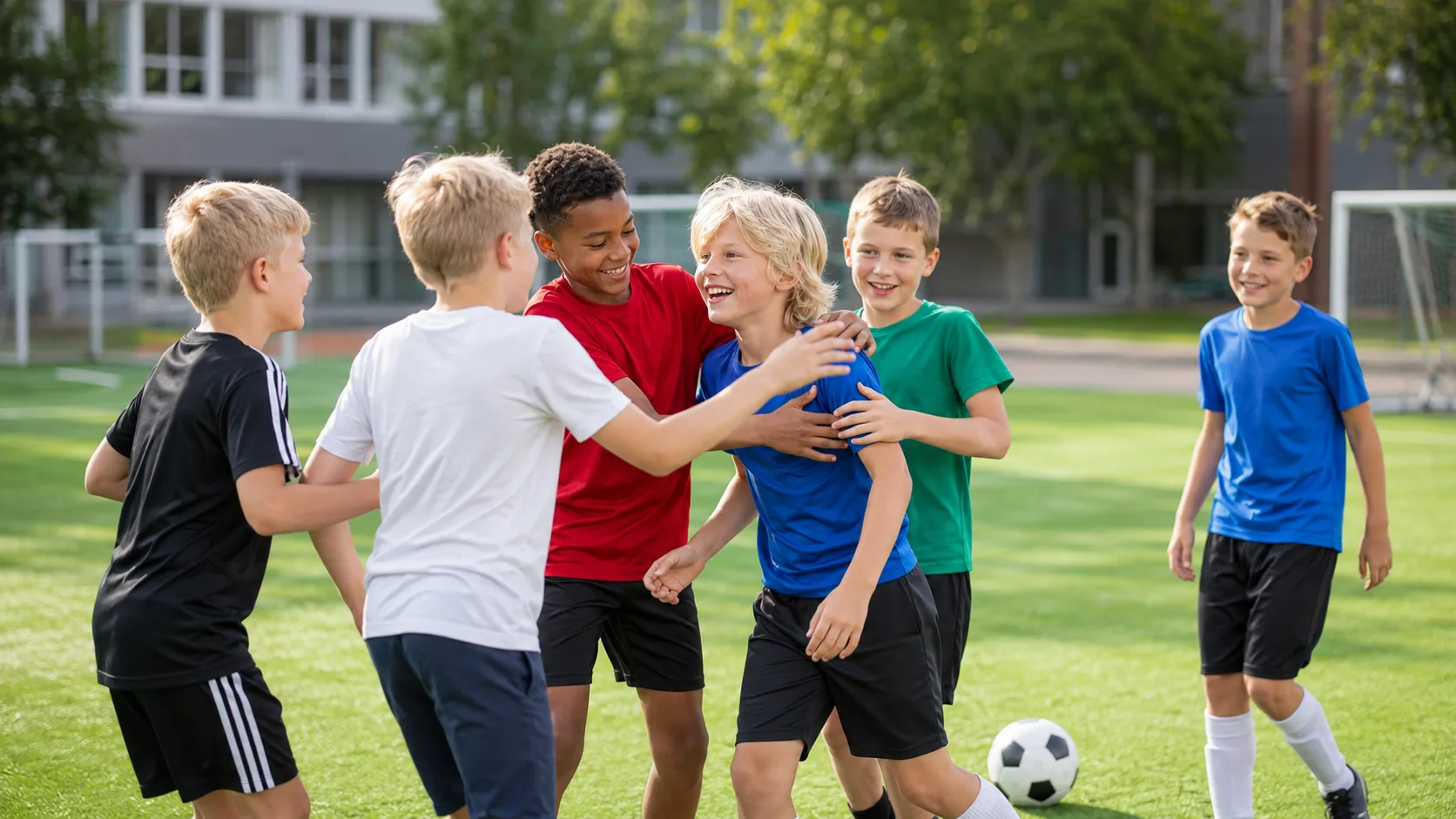 Gutter som spiller fotball for å hjelpe barn med venner