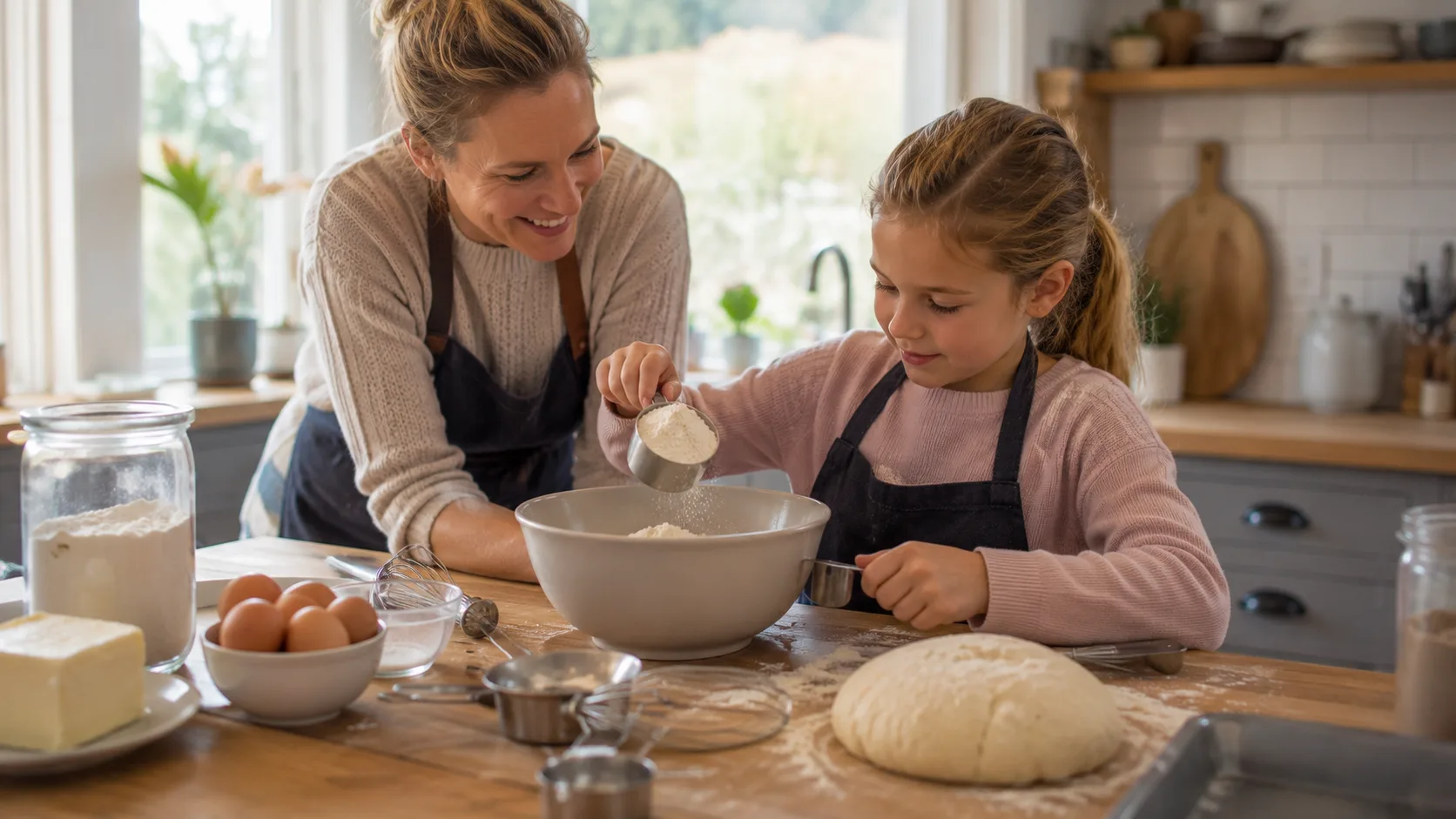 Jente som baker på kjøkkenet for å øve på brøkregning og mengder