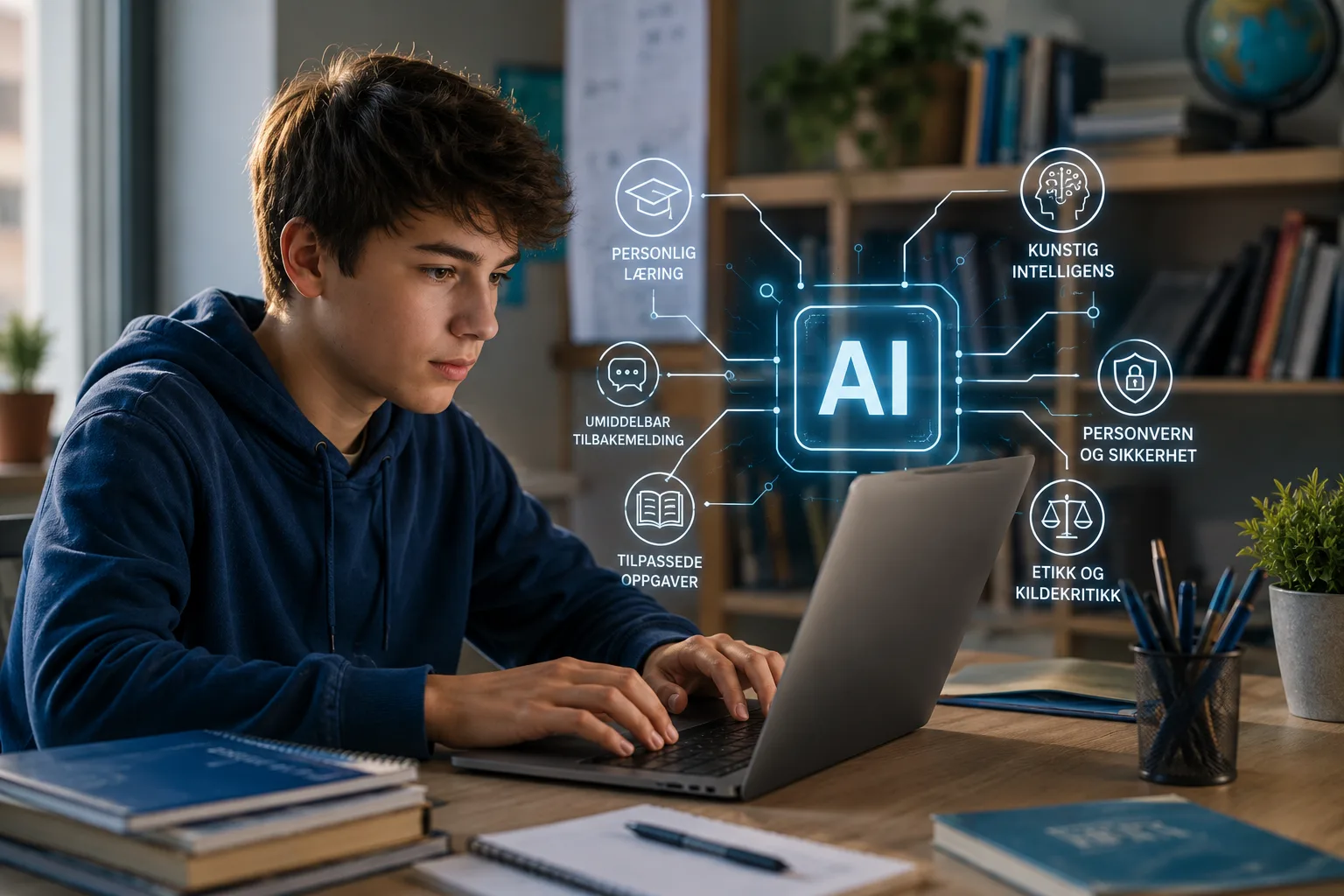 KI i skolen, kunstig intelligens i skolen, AI læremidler Norge, skoleelev og KI verktøy