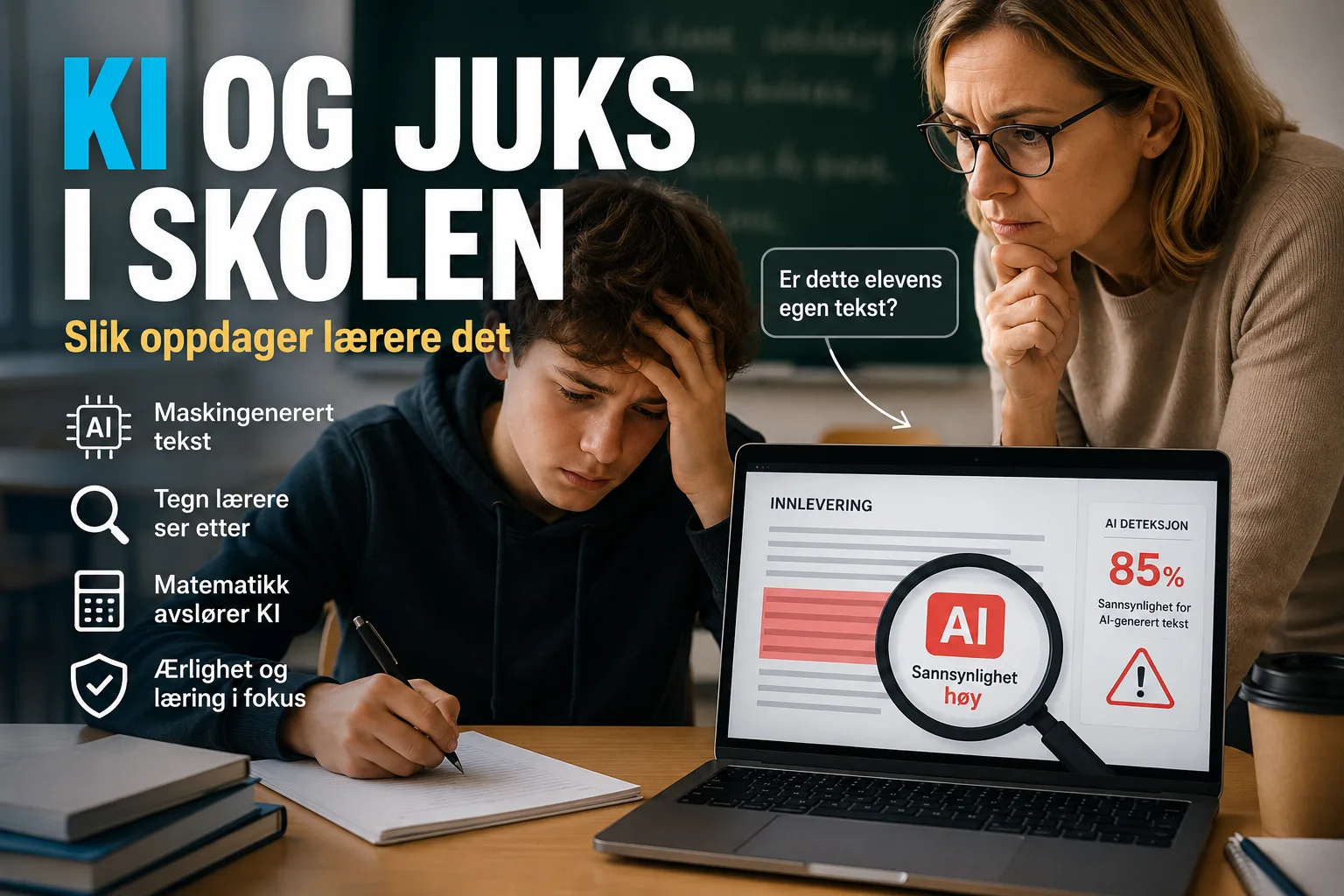 KI og juks i skolen, oppdage ChatGPT, kunstig intelligens skole, plagiatkontroll Norge, lærere KI-verktøy