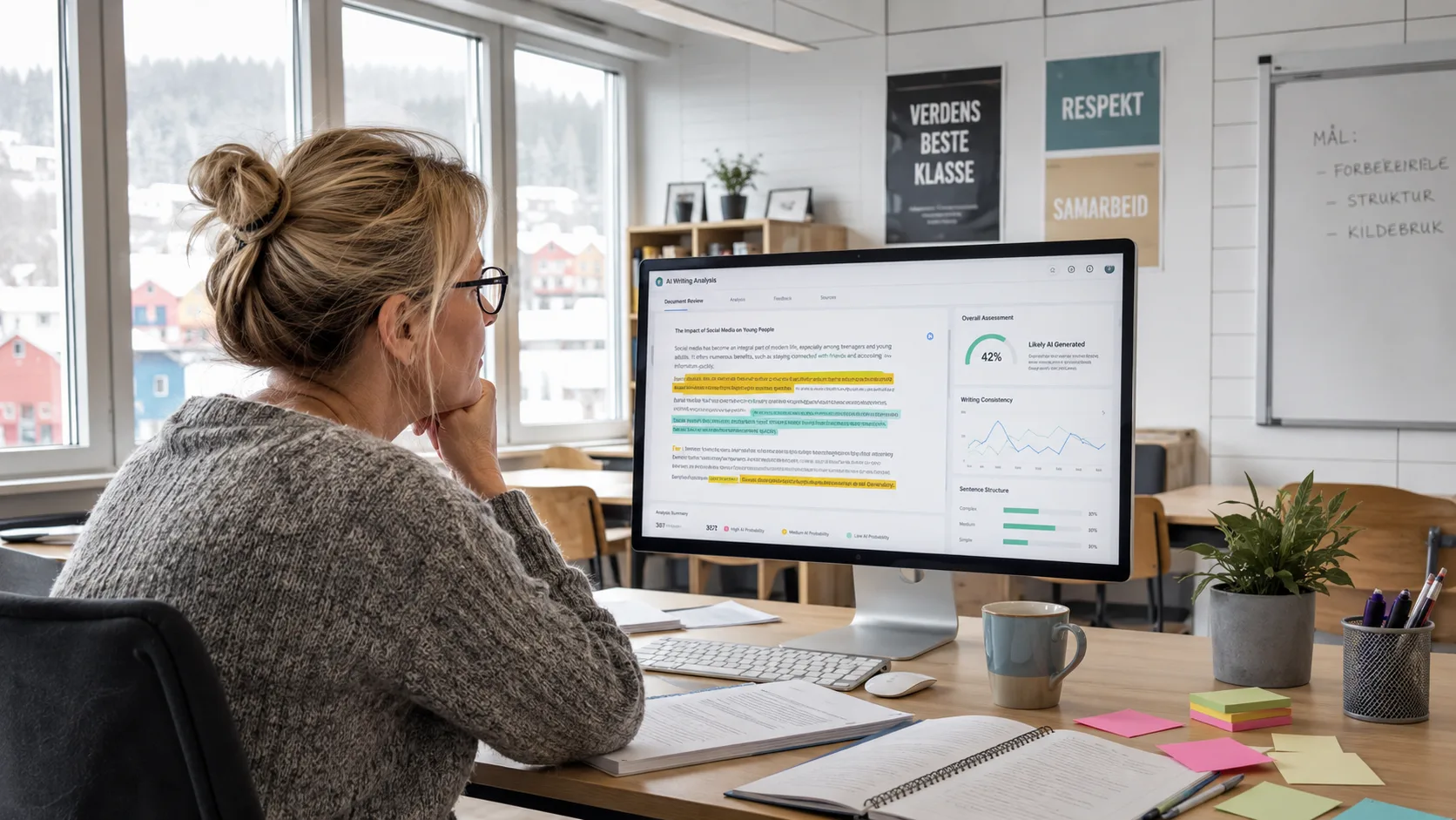 Lærer som ser bekymret på en dataskjerm mens hun sjekker KI og juks i skolen
