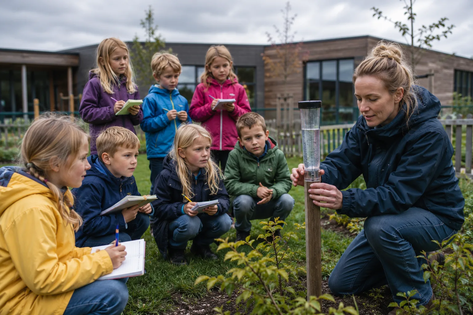 Lærer som setter opp regnmåler for barneskoleelever