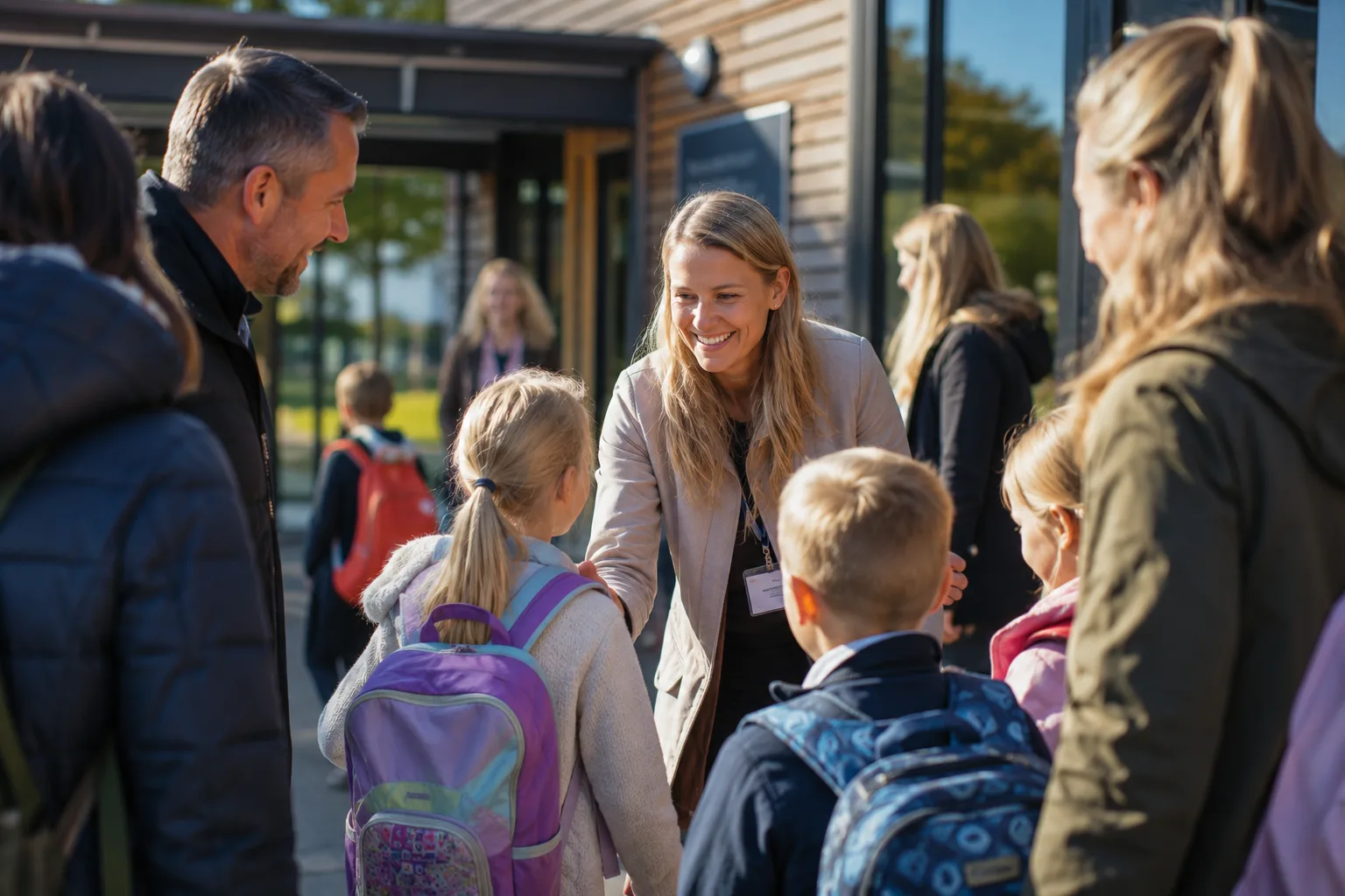 Lærer som tar i mot nye elever og foreldre på skolestartdagen