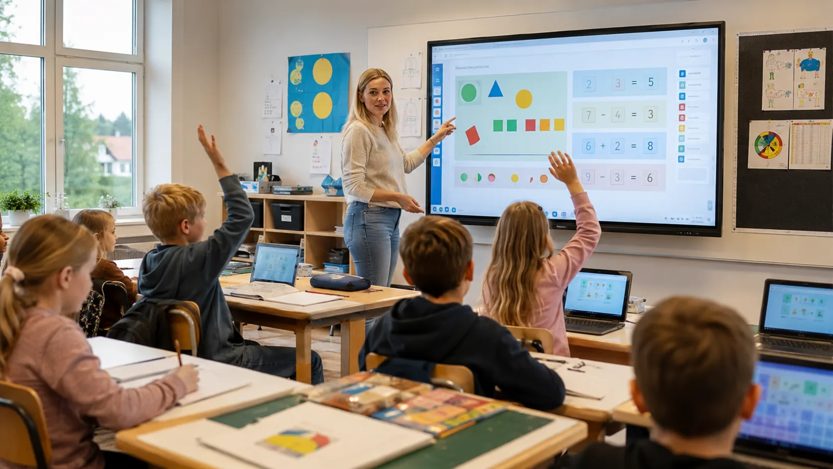 Lærer som viser Aunivers matematikk på en smarttavle i klasserommet