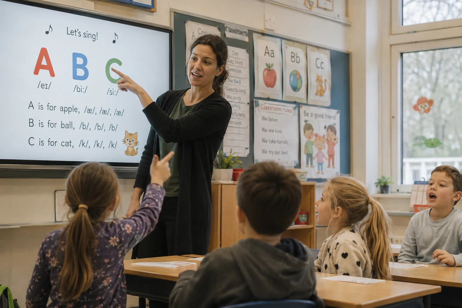 Lærer som viser bokstaver og engelske sanger på barneskolen