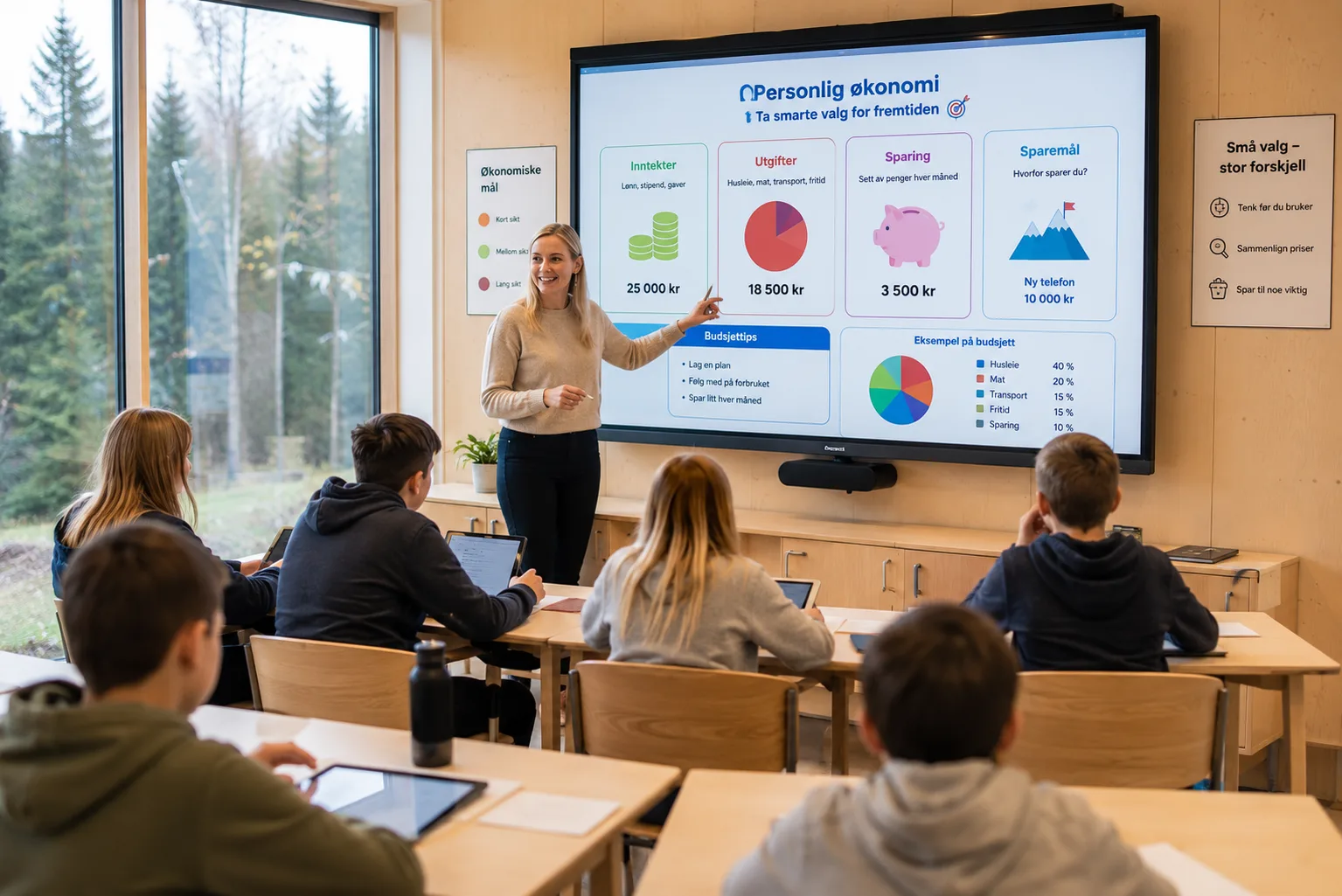 Lærer som viser digitale verktøy for personlig økonomi på storskjerm for klassen