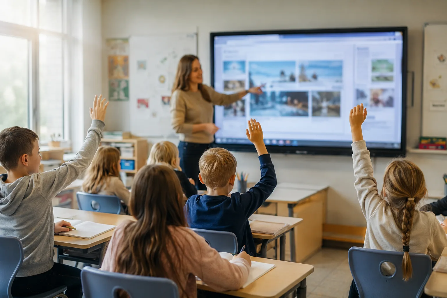 Lærer som viser en klasse på barneskolen hvordan man sjekker kilder på nettet