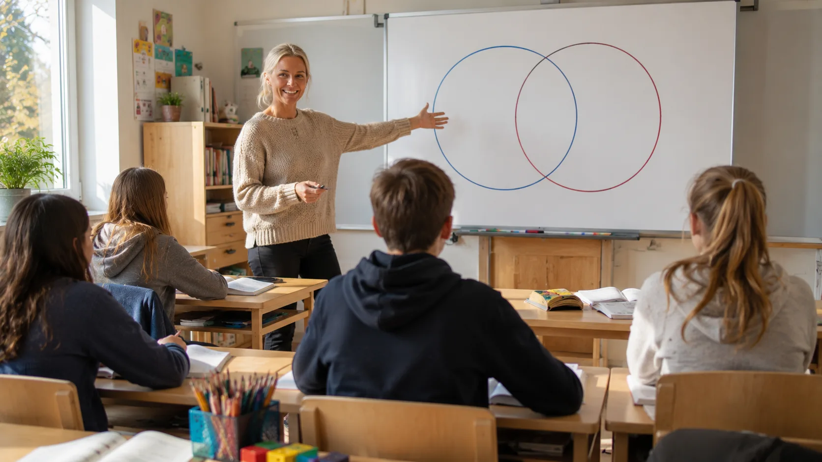 Lærer som viser et Venn-diagram for bedre leseforståelse på mellomtrinnet
