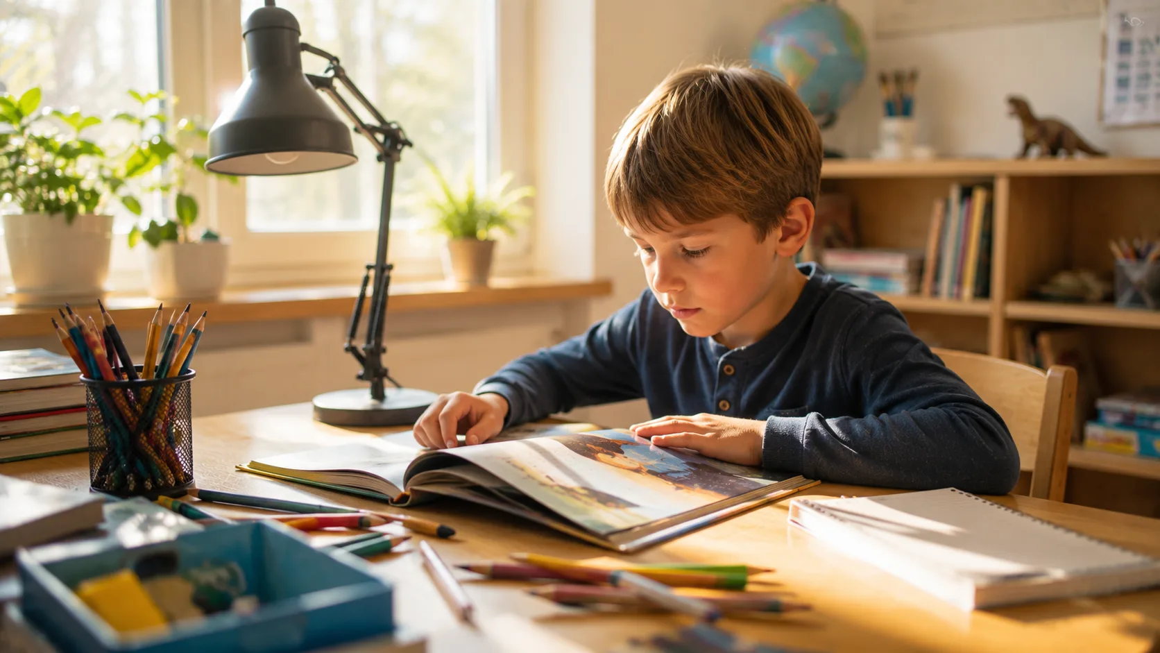 Liten gutt som konsentrert leser en spennende bok ved et lyst skrivebord