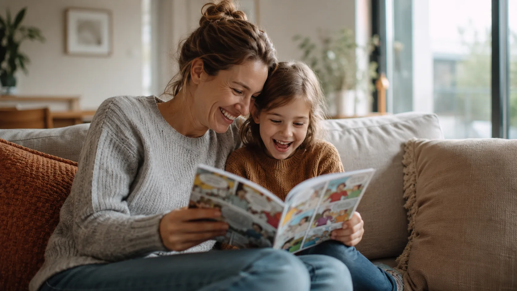 Mamma og datter som smiler og leser en morsom tegneserie i sofaen for å skape leselyst hos barn