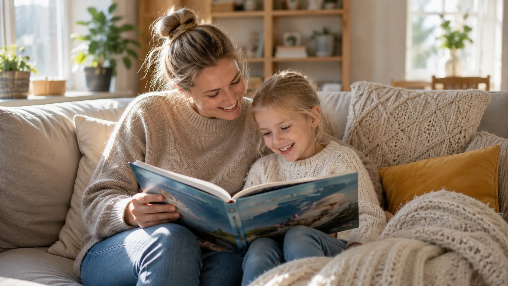 Mor og barn som koser seg med 20 minutters lesetid i sofaen med en barnebok
