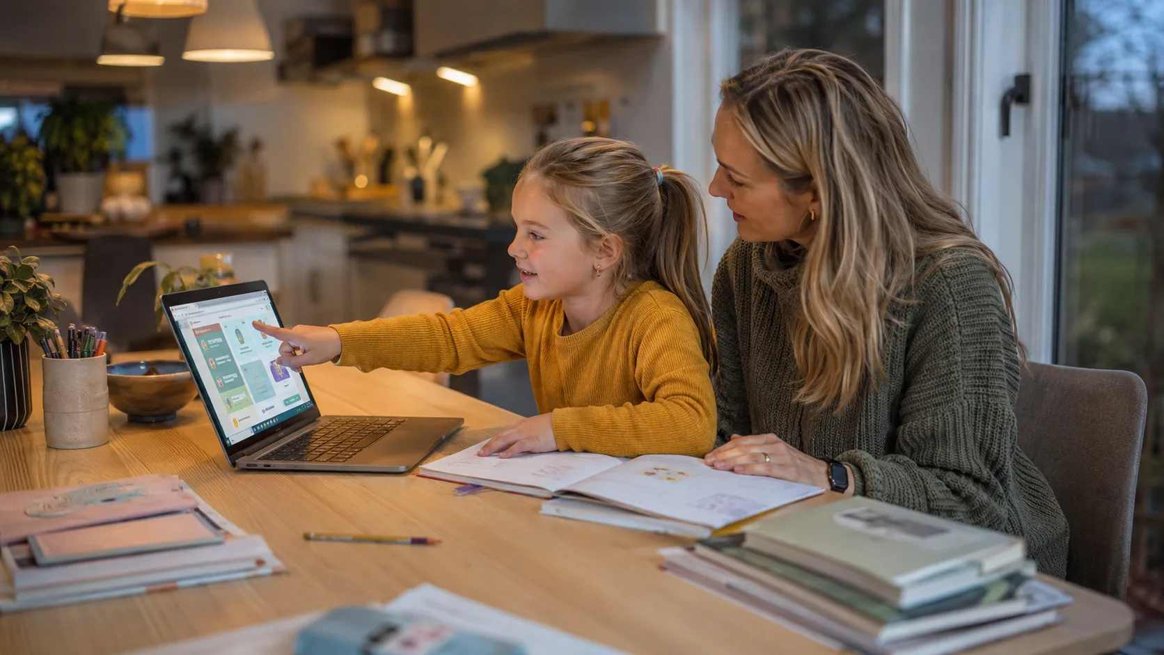 Mor og datter som diskuterer lekser foran en bærbar PC med Skolestudio oppe