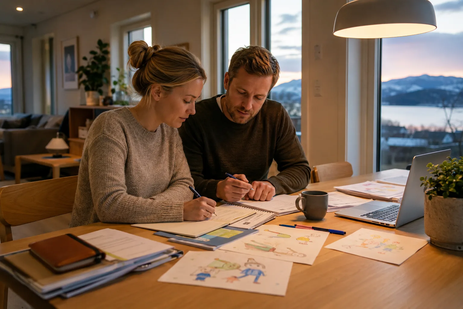 Mor og far noterer utviklingssamtalen spørsmål før de skal møte læreren