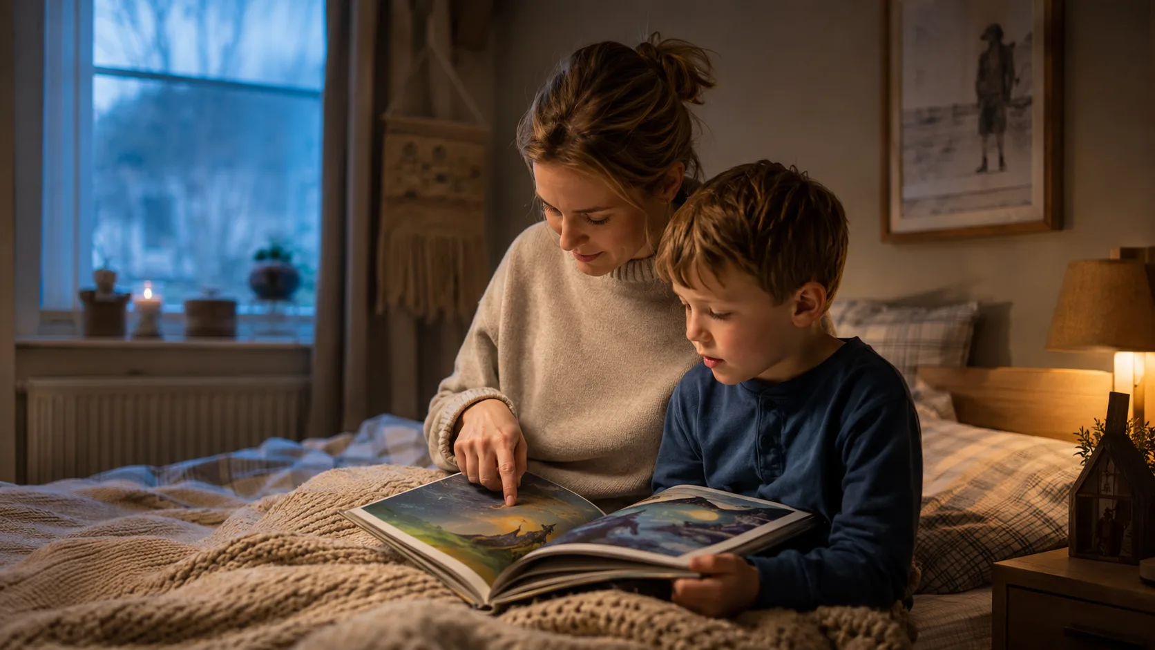 Mor og sønn som leser en spennende bok sammen på sengekanten for å styrke ordforrådet til barnet