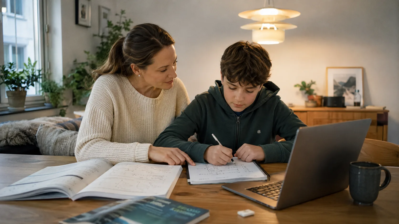 Mor som veileder sønnen under fast leksetid ved spisebordet med bøker og PC