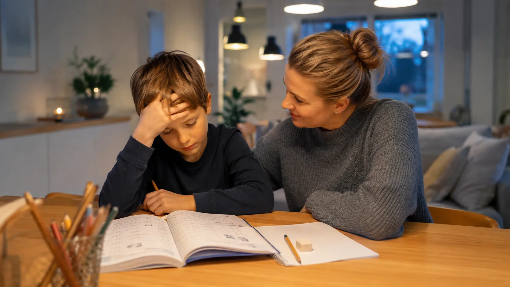 Mor trøster en frustrert gutt som sliter med hjemmelekser i matematikk og Multi boka