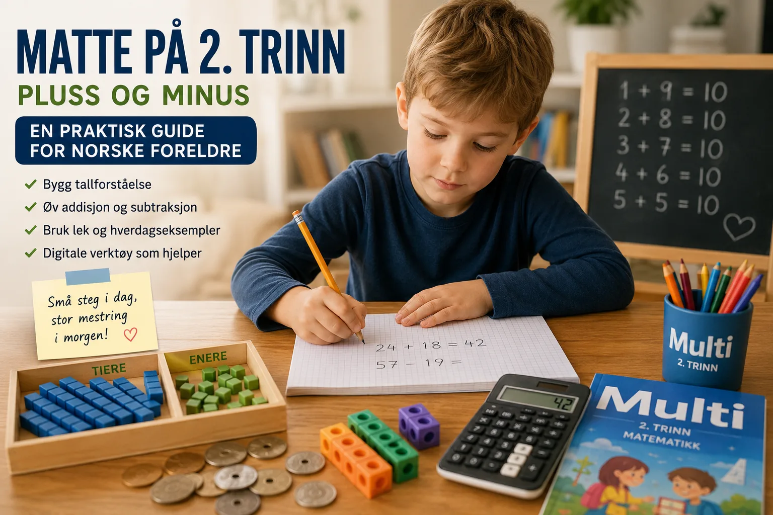 Multi 2. trinn, matematikk barneskole, øve matte hjemme, pluss og minus, lære matte lek