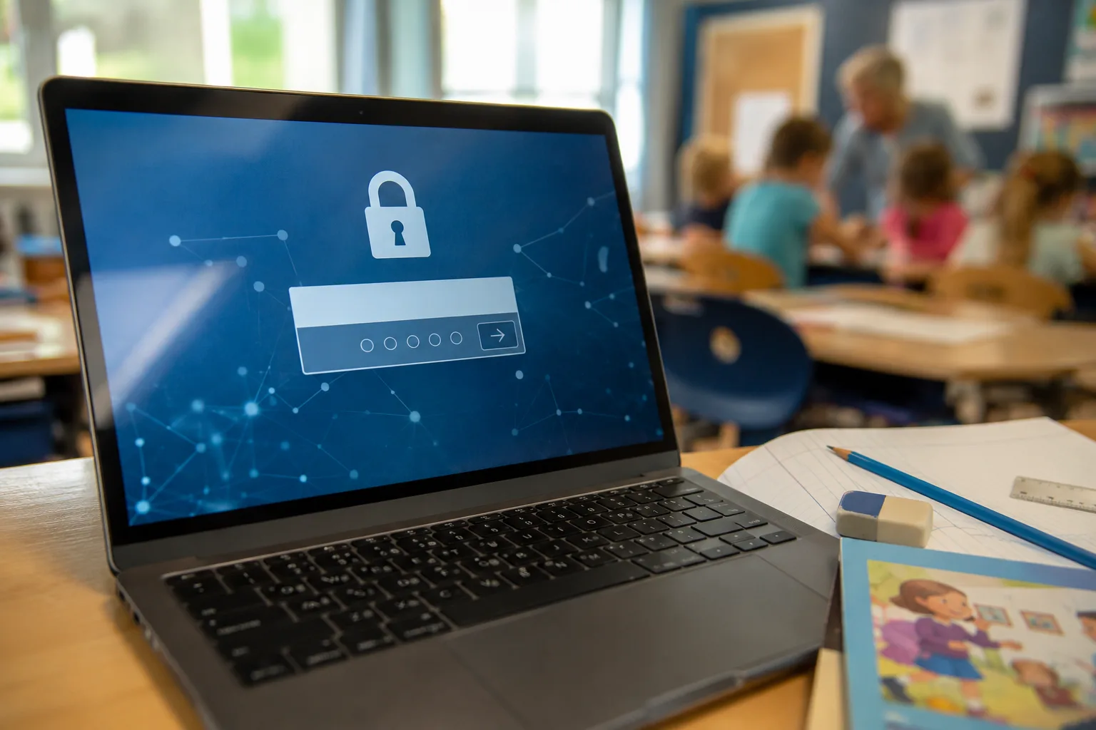 Nærbilde av en låst skjerm på en skolepc som symboliserer datasikkerhet