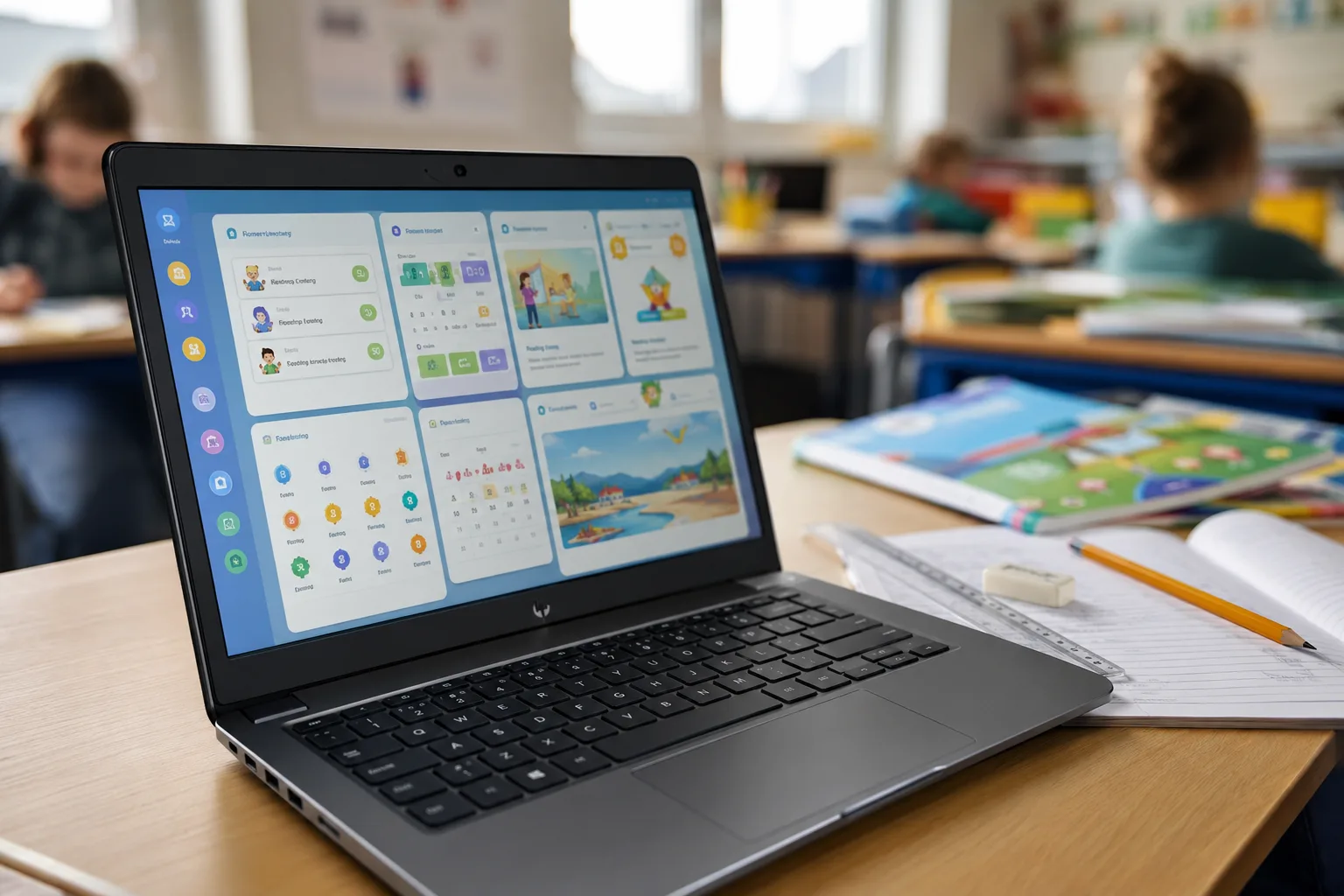 Nærbilde av en skole-PC med en læringsportal åpen på skjermen