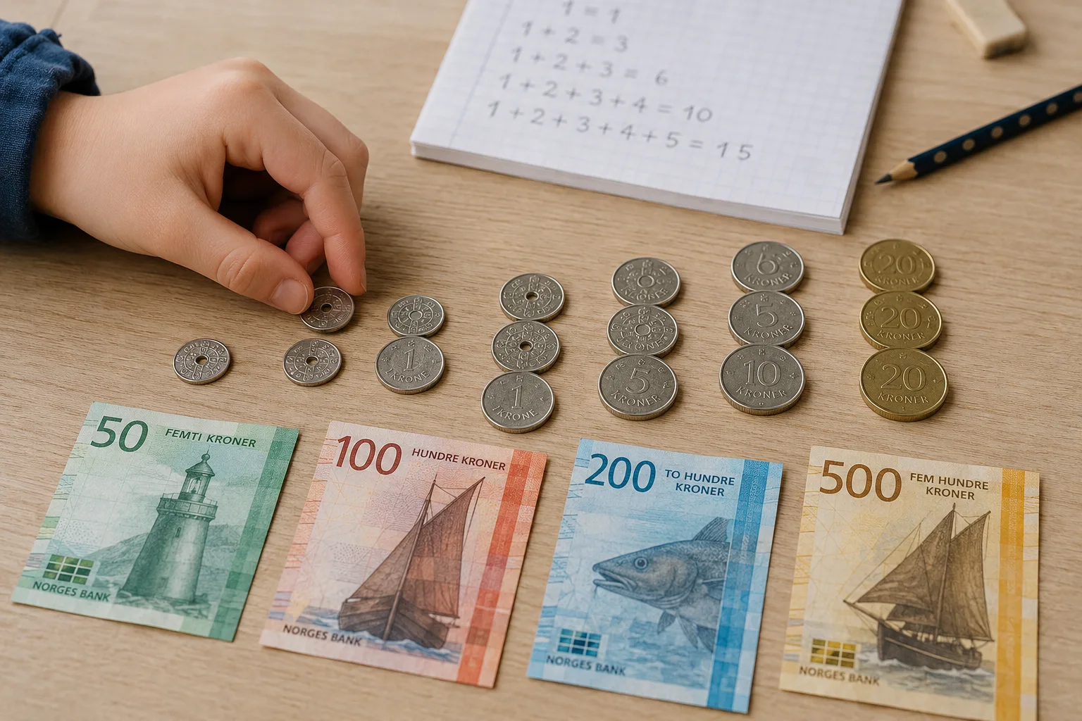 Norske mynter og sedler lagt ut i et mønster for leksehjelp matte