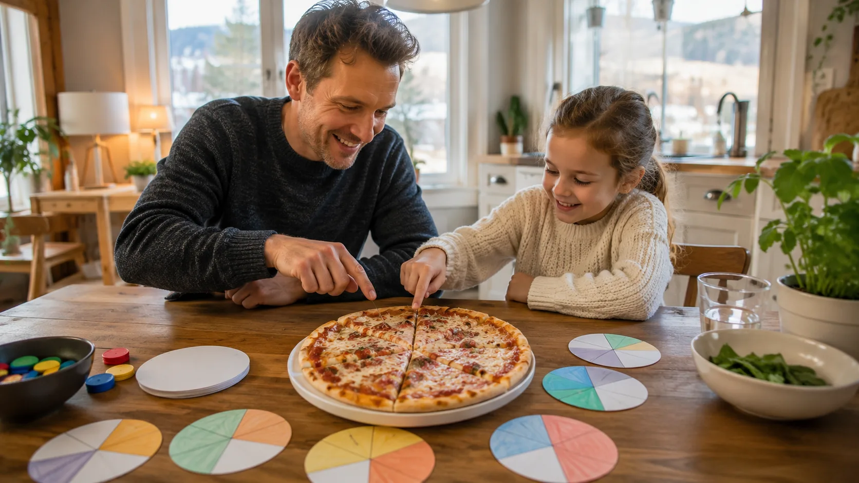 Oppskåret pizza på et bord brukt for å forklare brøkregning for barn