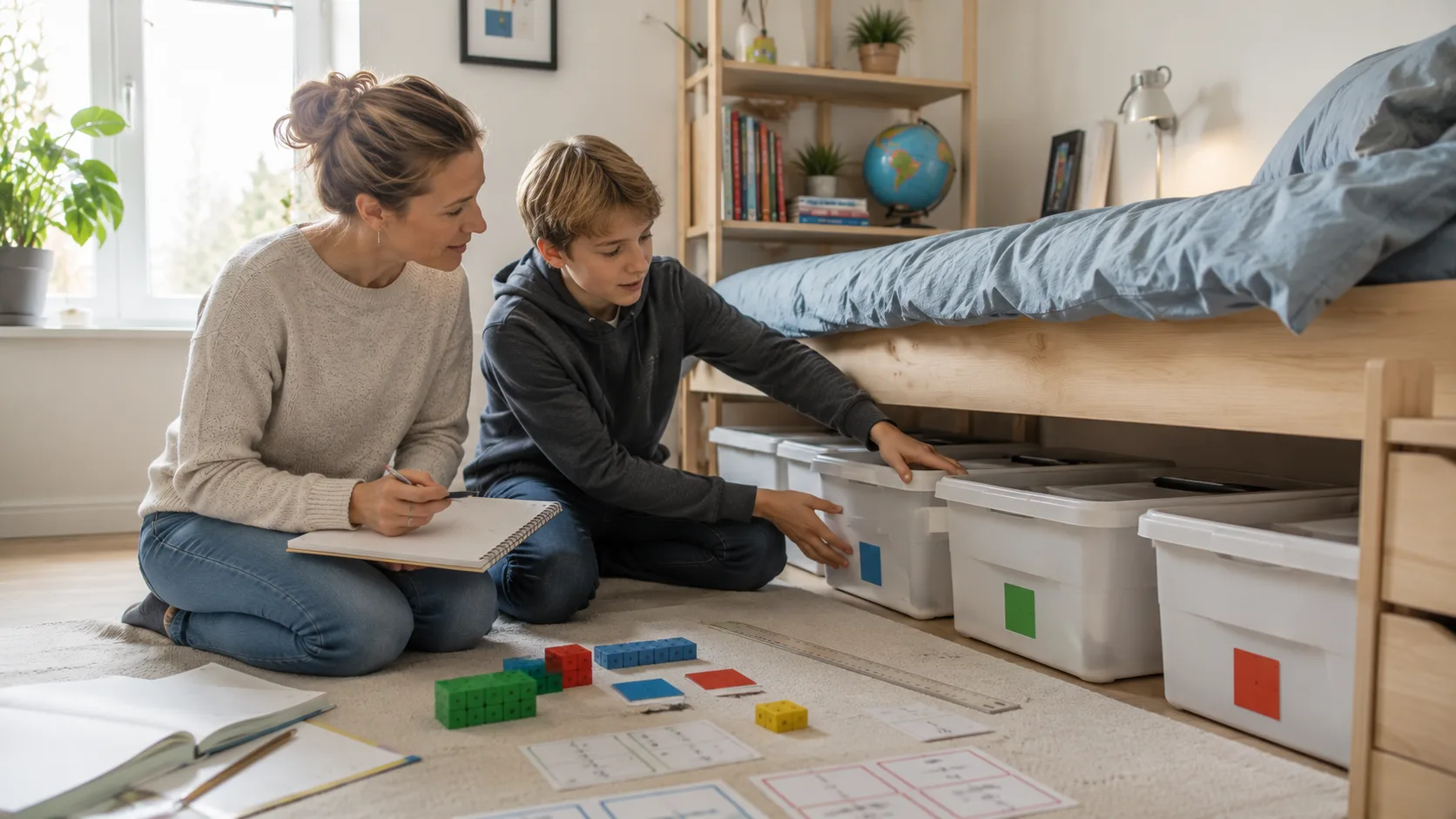 Organisering av bokser under en seng brukt for å lære Multi 7. trinn algebra