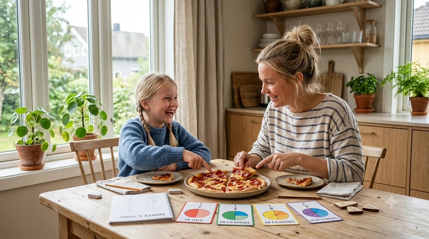 Pizza kuttet i brøkdeler som praktisk eksempel