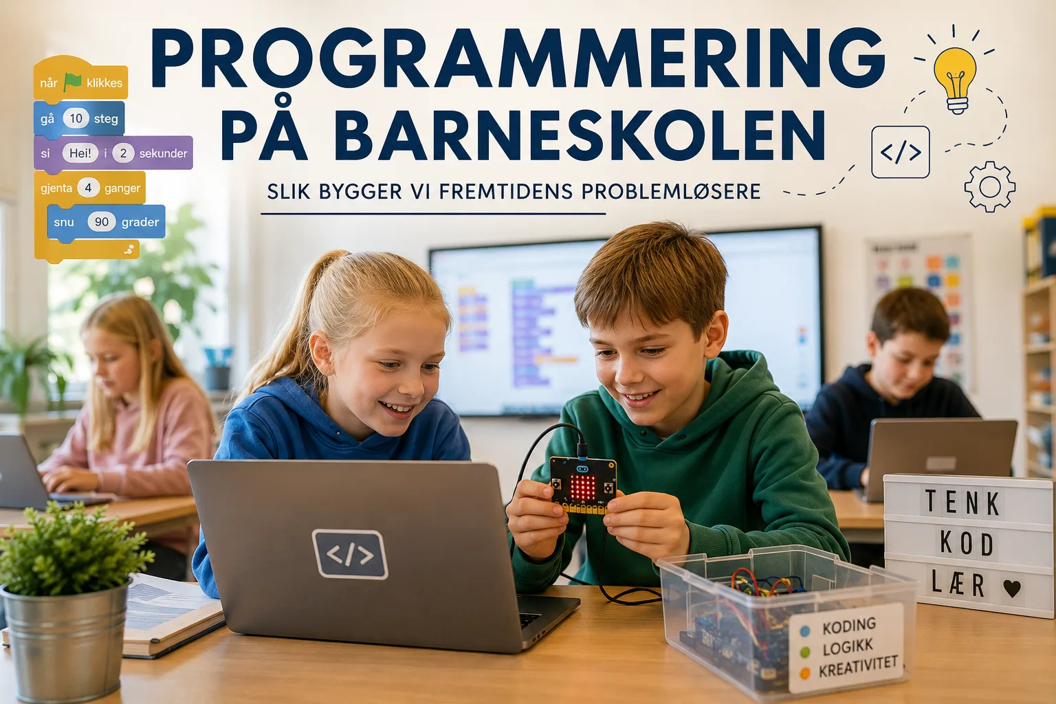 programmering på barneskolen, koding for barn, lær å kode, digitale ferdigheter skole, koding i klasserommet