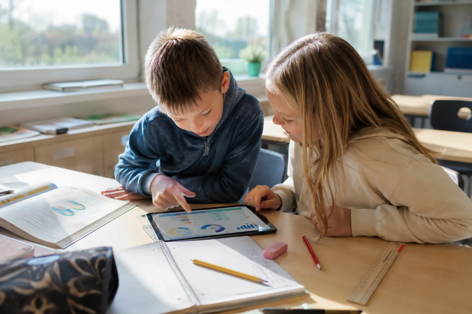 skolebarn jobber sammen med digital prosentkalkulator på nettbrett