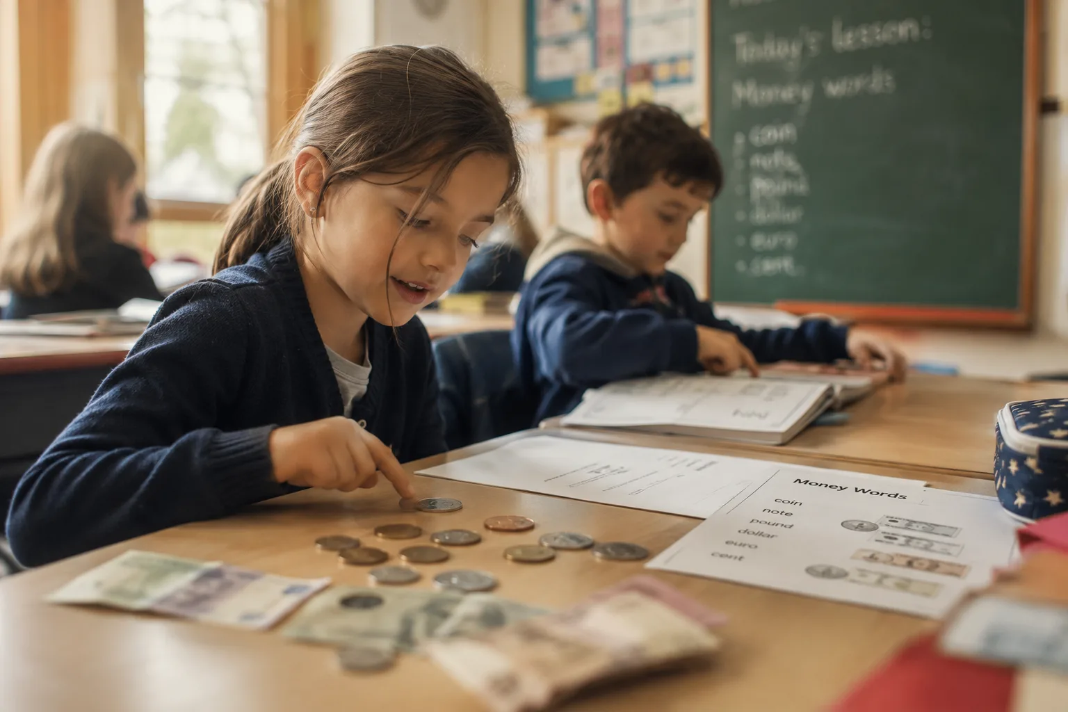 Skolebarn som regner med valuta for å lære engelske ord