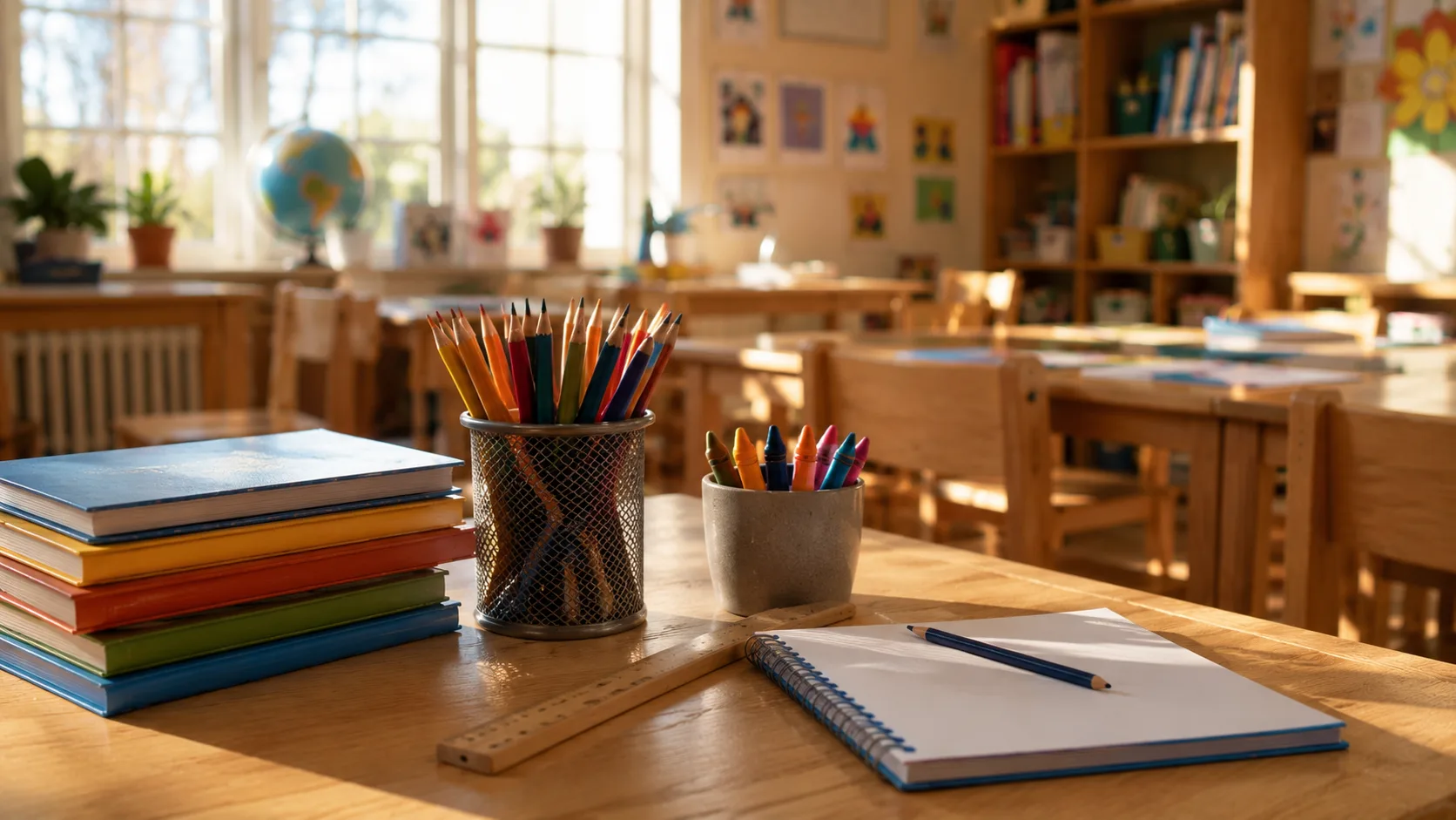 Skolebøker og fargeblyanter på en trepult i et norsk klasserom