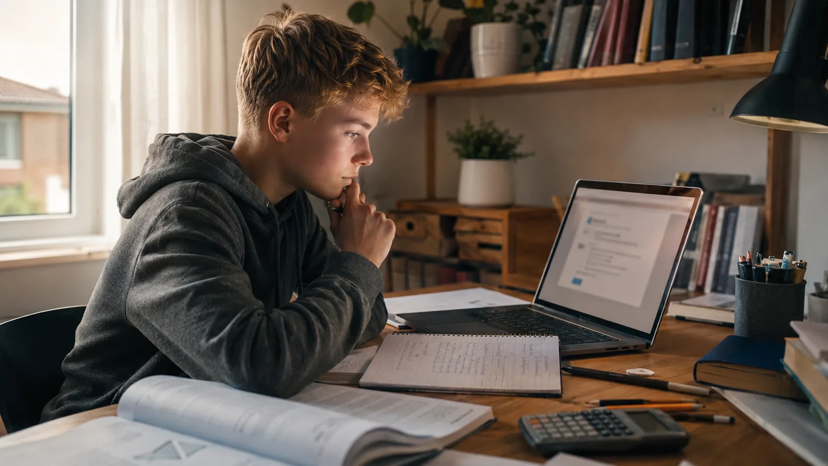 Skoleelev som bruker en bærbar PC med kunstig intelligens som leksehjelp