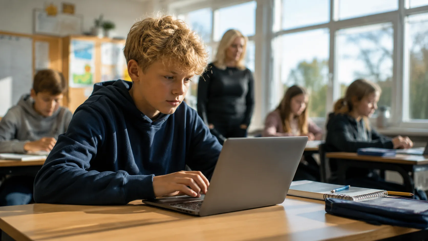 Skoleelev som bruker en moderne bærbar PC med KI verktøy i klasserommet