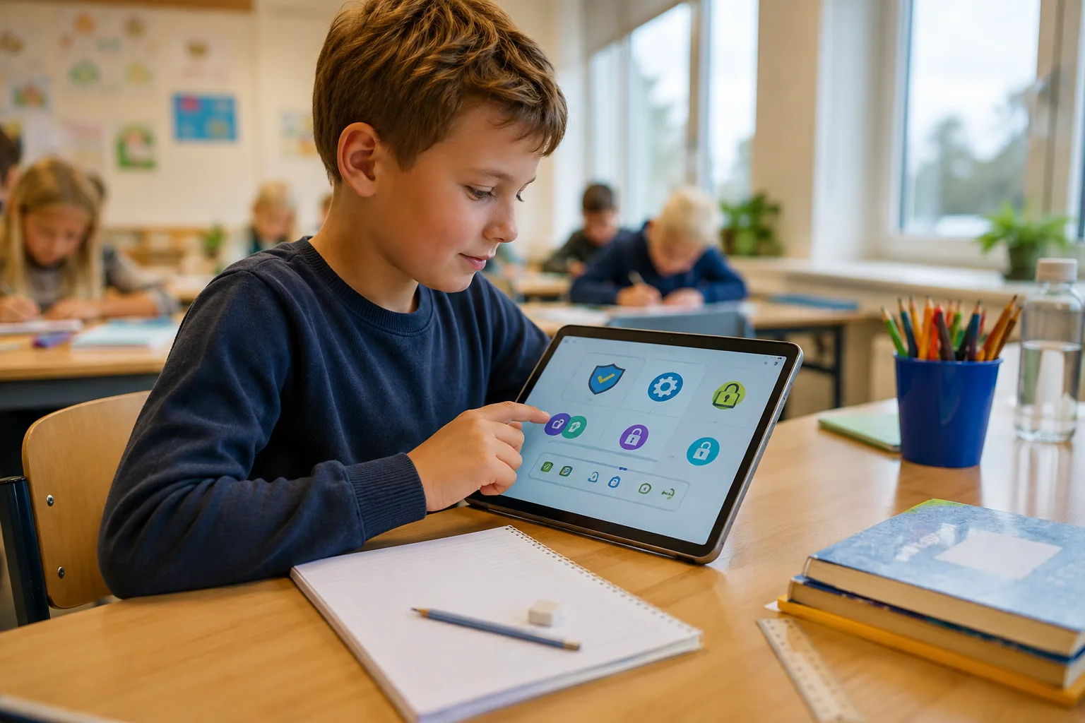 Skoleelev som bruker et nettbrett i klasserommet under personvernvennlige rammer