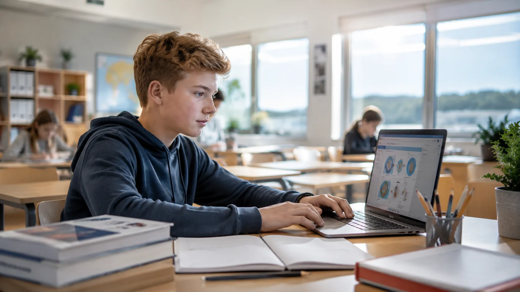 Skoleelev som jobber konsentrert med digitale skoleoppgaver på PC i et klasserom i Norge