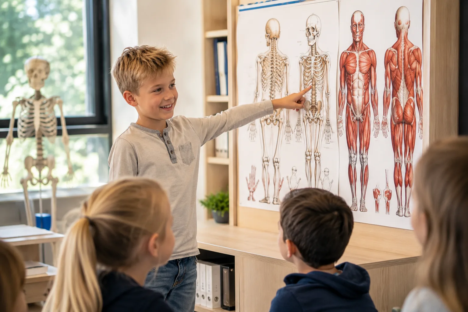 Skoleelev som peker på muskler og skjelettet og muskler plakat i klasserommet