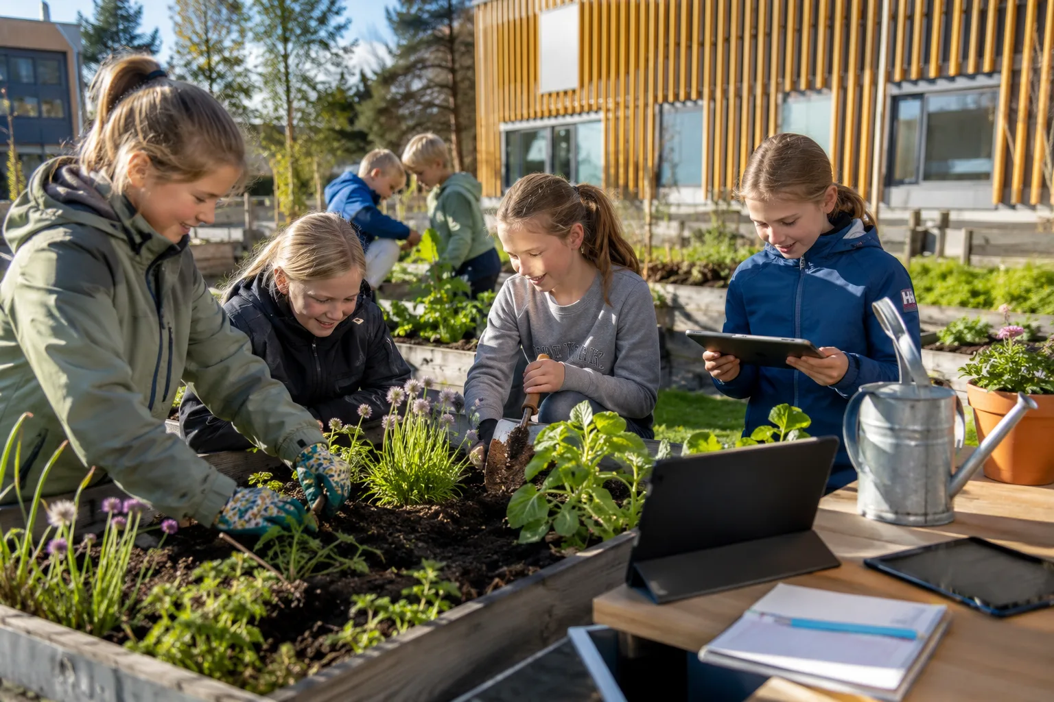 Skoleelever i Norge som jobber praktisk i skolehagen etter å ha planlagt prosjektet digitalt