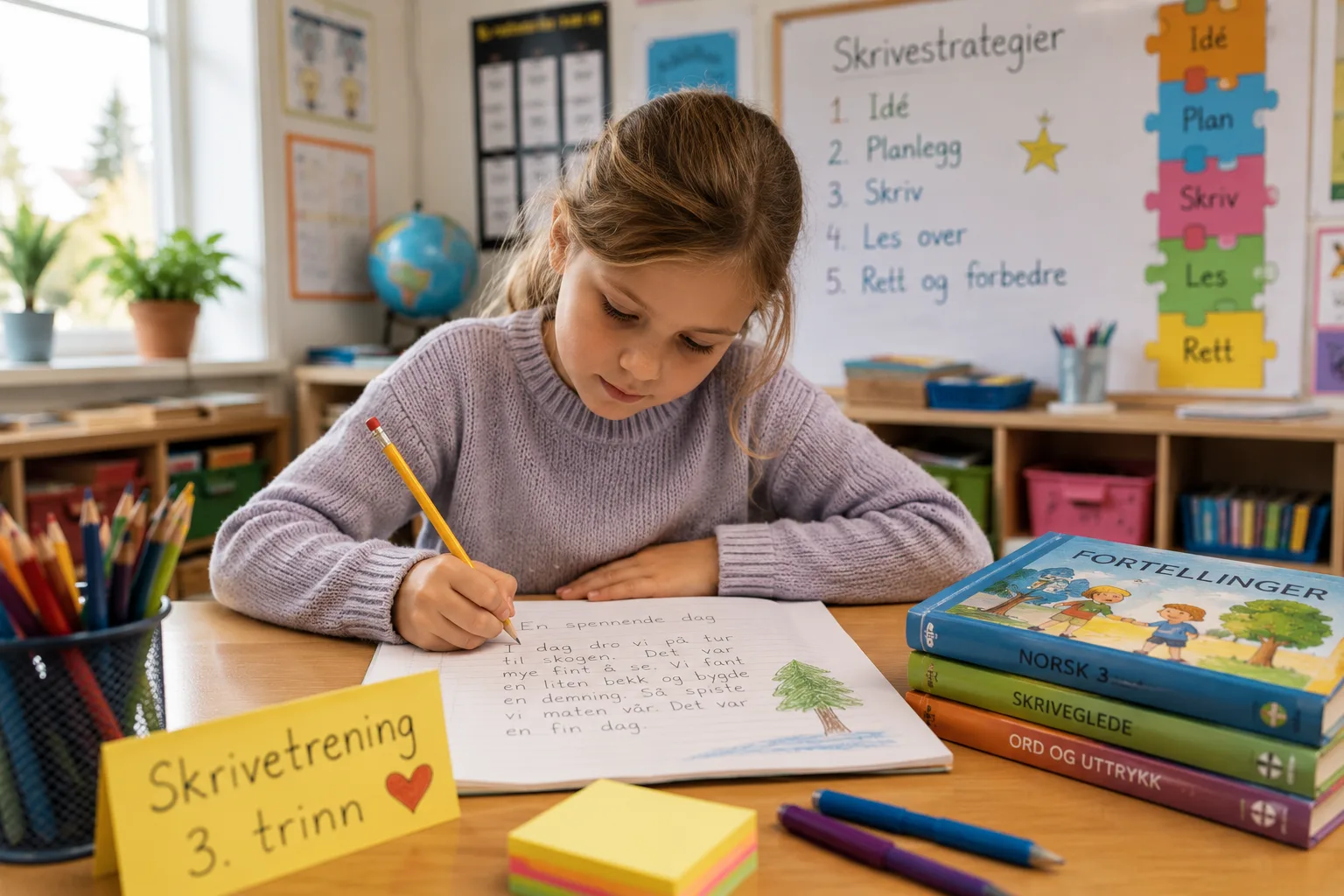 skrivetrening 3. trinn, skriveutvikling barn, fra setning til tekst, skolen i norge, historiefortelling barn